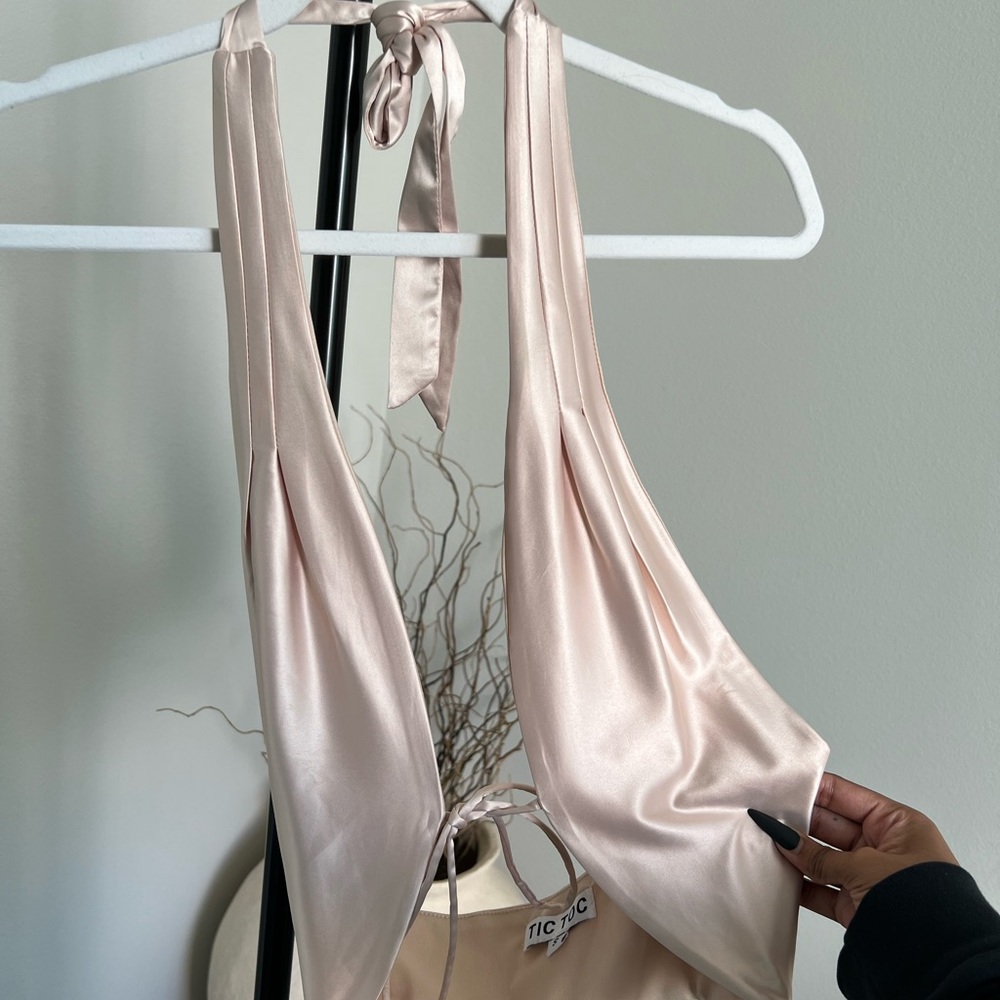 Satin Halter Crop Top in Pale Blush Pink